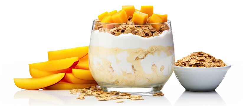 A healthy snack made with mango yogurt and granola Note Please note that this paraphrase does not include the phrase copy space image as it does not seem to fit naturally into this context