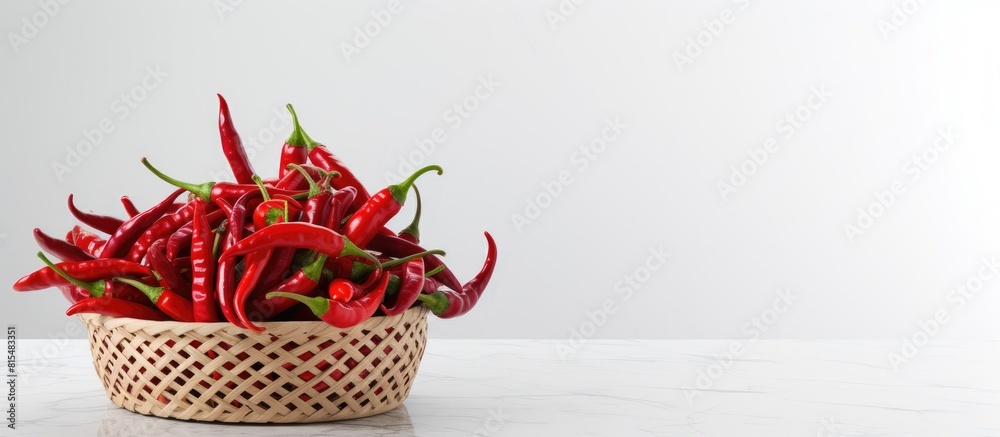 Aufkleber a copy space image of red chilies arranged in a plastic basket on a white marble backdrop