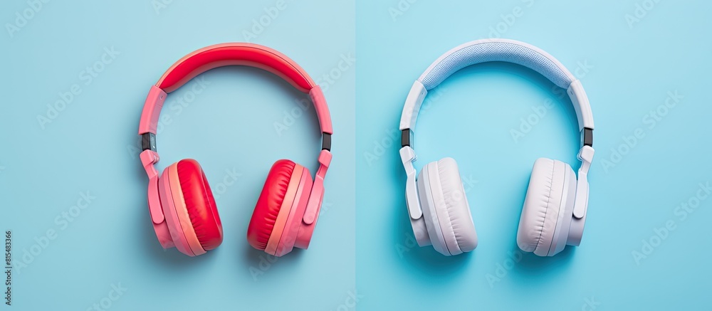 Poster top view of headphones on a pink background creating a flat lay concept with copy space image