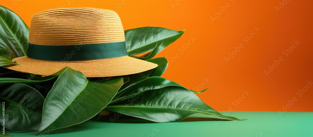 Poster There is an image depicting a summer hat resting on a vibrant green leaf that contrasts with the orange background The image provides ample copy space