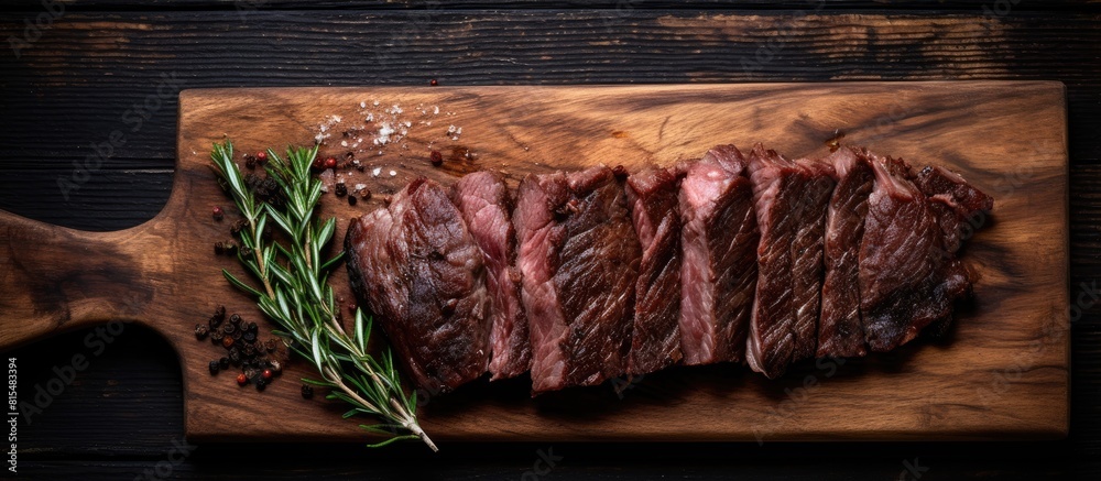 Leinwandbilder a view from the top of a dark wooden background shows meat jerky on a butchery meat cleaver with eno