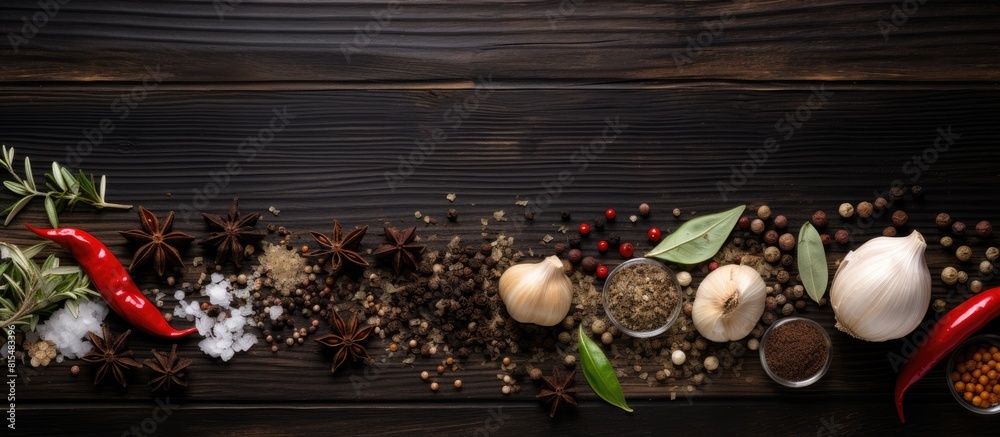 Poster a top down view of a dark wooden background featuring a variety of ingredients like pepper garlic ba