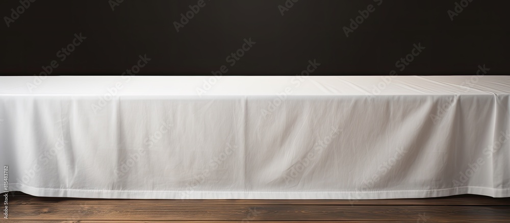 Fototapete A clean white tablecloth elegantly covers a pristine wooden table creating a visually pleasing arrangement with space available for adding text or images. Creative banner. Copyspace image