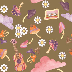 Seamless pattern with retro guitar, tape, clouds and mushrooms in watercolor. Vintage hippie music textile ornament clipart. Hand drawn nostalgic print for clothing, wallpaper, wrapping, scrapbooking