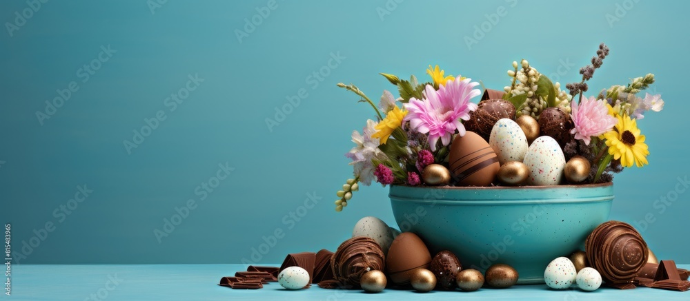 Leinwandbilder copy space image of an easter themed arrangement featuring chocolate eggs against a blue backdrop pr
