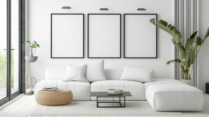 Modern interior design for posters in the living room layout with a white sofa space . Generative Ai