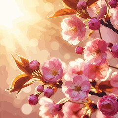 Sakura flowers of pink color on sunny backdrop. Beautiful nature spring background with a branch of blooming sakura. Sakura blossoming season in Japan