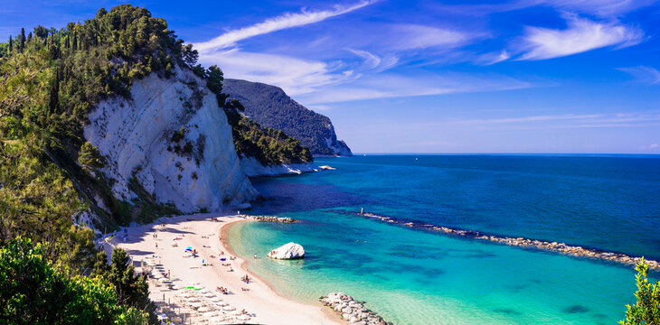 Italy Riviera del Conero High Resolution 12K Panorama of Scenic Spiaggia del Frate Beach Near Ancona Turquoise Sea and White Cliffs of Conero Natural Park Marche Region Travel