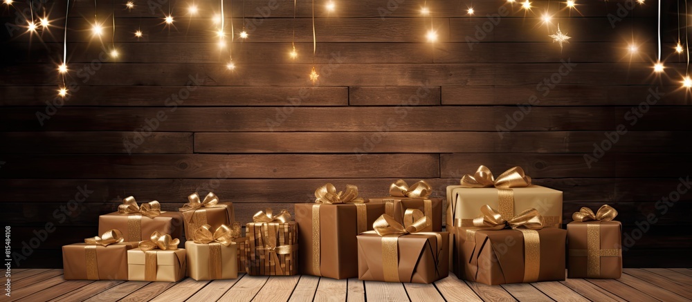 Aufkleber a festive backdrop with gift boxes is set against a beautiful brown backdrop made of vintage boards 