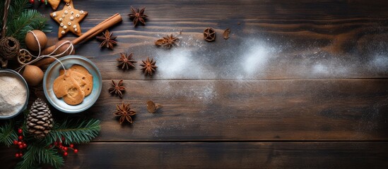 Top view of an old wooden table with a Christmas baking background featuring a strainer rolling pin spices Christmas tree branches and decorations Ample copy space for text or images
