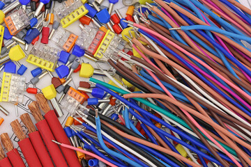 Copper electrical wiring wires in colored insulation for connecting electrical equipment. Close-up....
