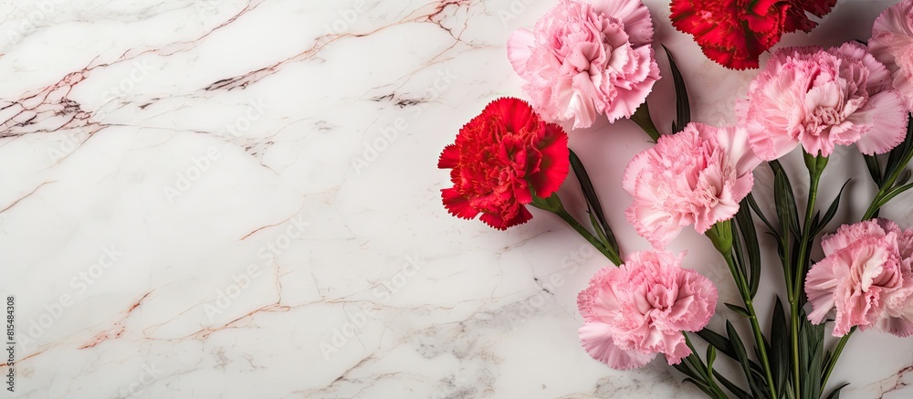 Aufkleber top view of a stunning bouquet of pink and red carnations on a marble table this beautiful arrangeme