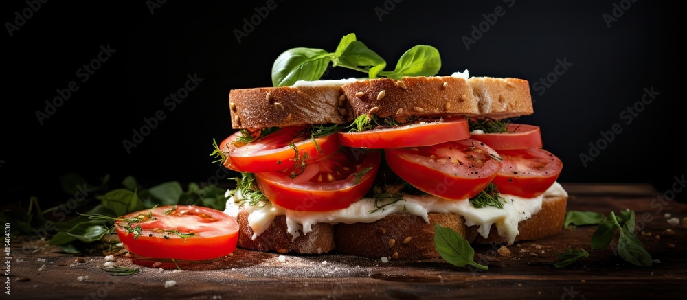 Poster a close up image of a sandwich with mozzarella and tomato with a shallow depth of field providing am