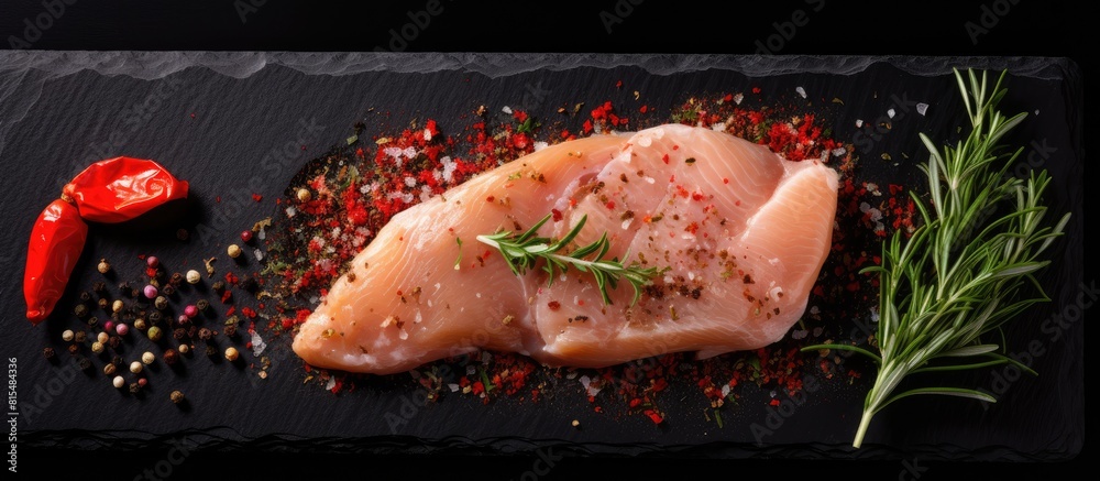 Aufkleber A top view image of a raw chicken fillet seasoned with spices and herbs displayed on a black stone table Copy space available