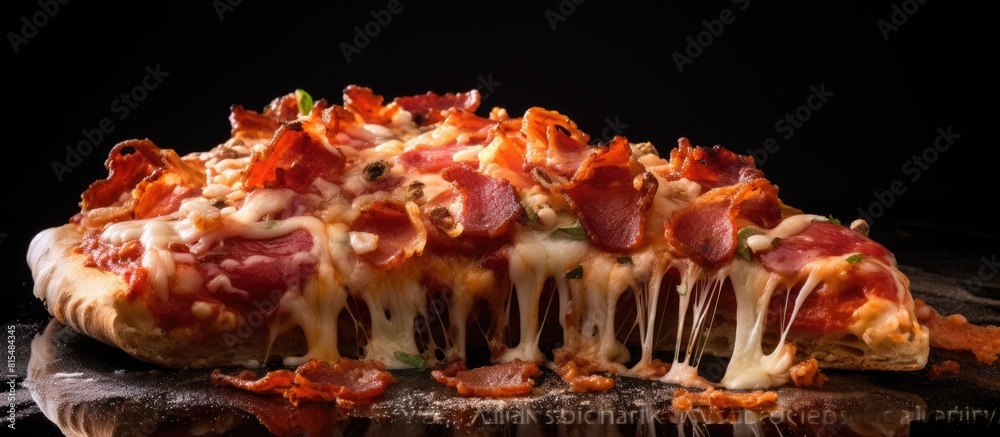 Poster A delicious slice of pizza topped with crispy bacon and melted cheese perfect for a copy space image