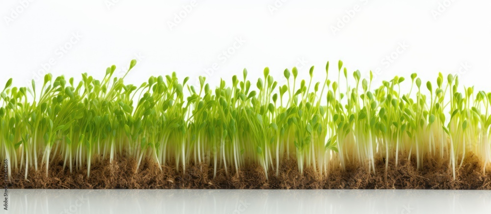 Aufkleber a copy space image of fresh wheat sprouts growing as microgreens at home on a white wooden backgroun