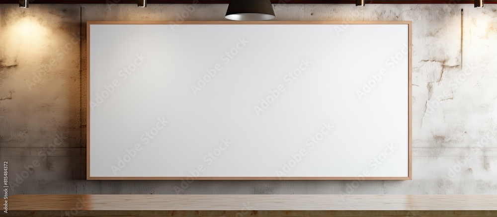 Leinwandbilder A copy space image of an empty advertising whiteboard is showcased on a wooden table in a cafe and bar restaurant providing a design space for text