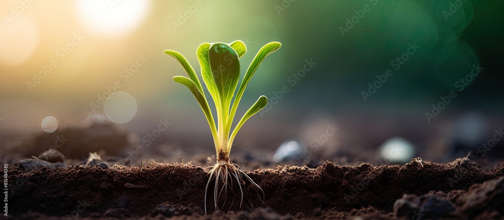 Poster A close up of a sprouting plant with the soil Copy space image representing the concept of combining nature conservation and agriculture through planting beet seedlings in the ground