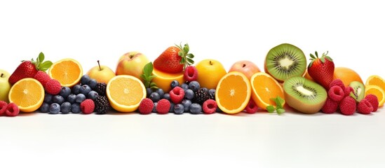 A vibrant assortment of various sliced fruits perfectly arranged on a pure white background for a visually striking copy space image