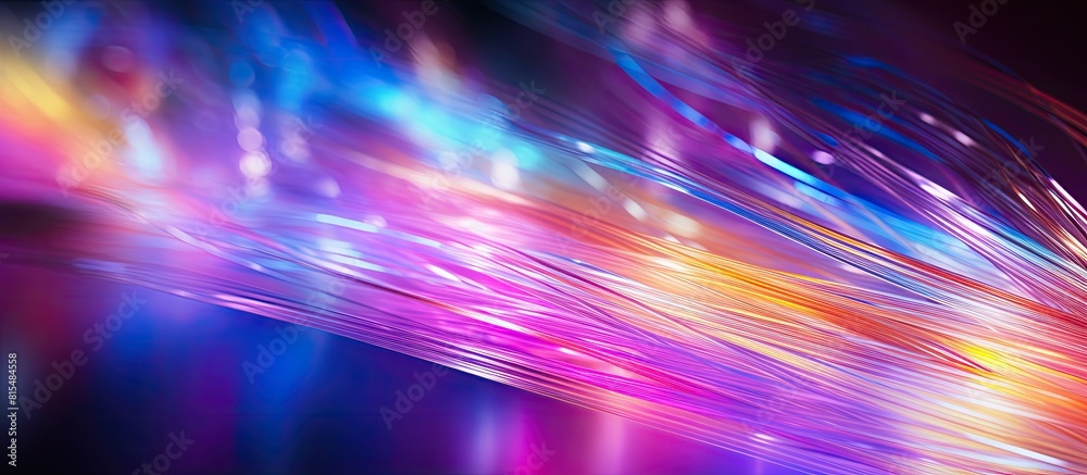 Poster Macro view of optical fiber strands transmitting colorful light with a blurred background leaving ample copy space for text