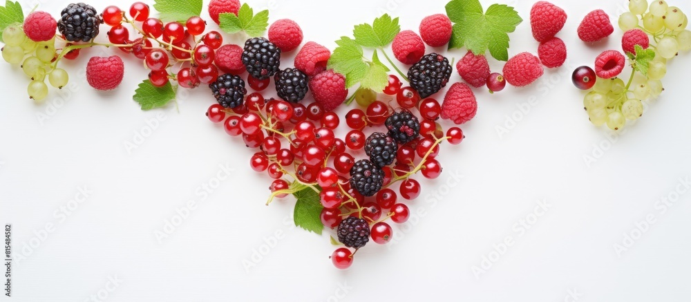 Leinwandbilder A close up top view or flat lay of summer currants raspberries and gooseberries arranged in the shape of a heart on a white background The design forms a border of berries with copy space image