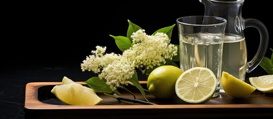 Wooden tray with ingredients for elderflower juice on a black table offers ample copy space image