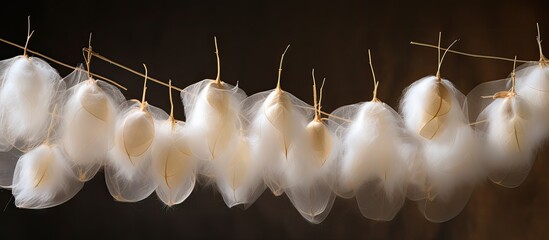 White silkworm cocoons are used to produce silk thread and silk fabric as shown in the copy space image
