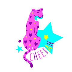 Cool vibrant female big cat. Summer vibe print with wild pink cheetah, hearts and stars. Contemporary fun style. Hand drawn vector t shirt. Isolated on white graphic. Modern celestial playful pattern