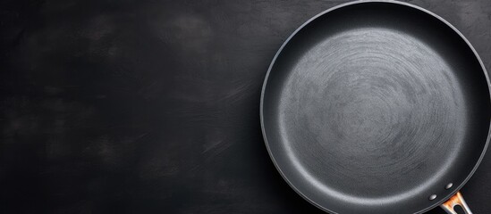 A centered top view of a black frying pan on a gray black background creating a solid color composition with ample copy space image