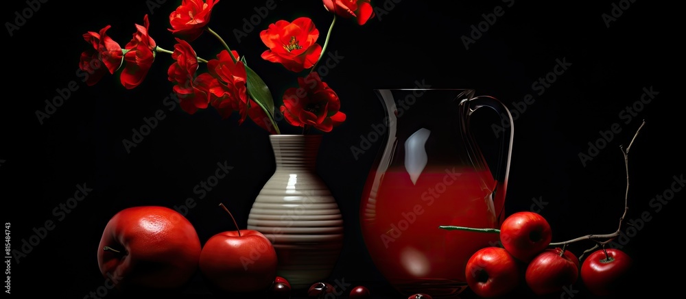 Poster An abstract still life composition featuring vibrant red colors blending in the water set against a dark black backdrop with ample copy space for additional imagery