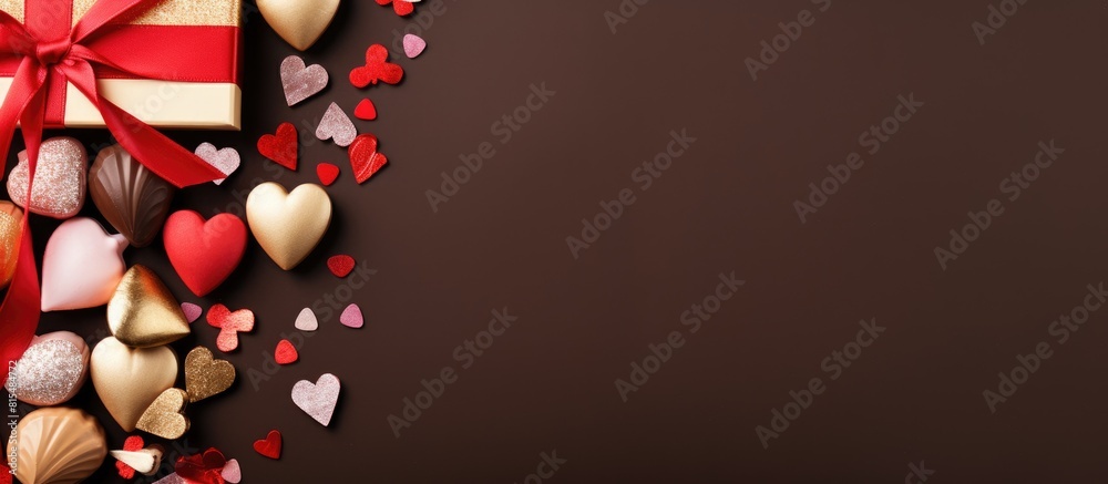 Poster a top down view of a holiday composition that includes sweet candy gift boxes tied with bows and cho