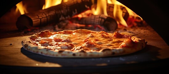 A copy space image of a pizza being cooked in a traditional and rustic wood fired oven