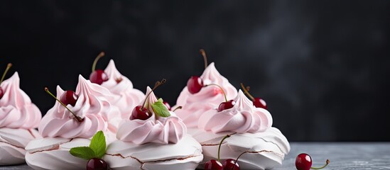 A copy space image of pink meringues adorned with cherries set against a grey backdrop