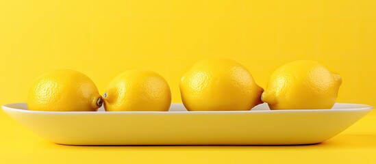 A dish containing four lemons is displayed on a yellow background providing ample space for adding text or images