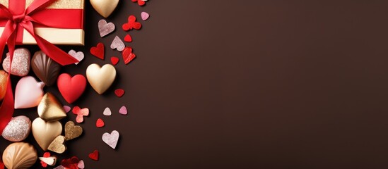 A top down view of a holiday composition that includes sweet candy gift boxes tied with bows and chocolate hearts The image serves as a photo template with a colored background providing copy space