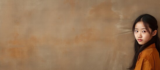 Obraz premium An Asian girl stands before a brown wall There is copy space for an image