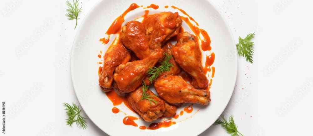 Poster top view of spicy fried chicken wings in paprika sauce presented on a white plate against a white ba