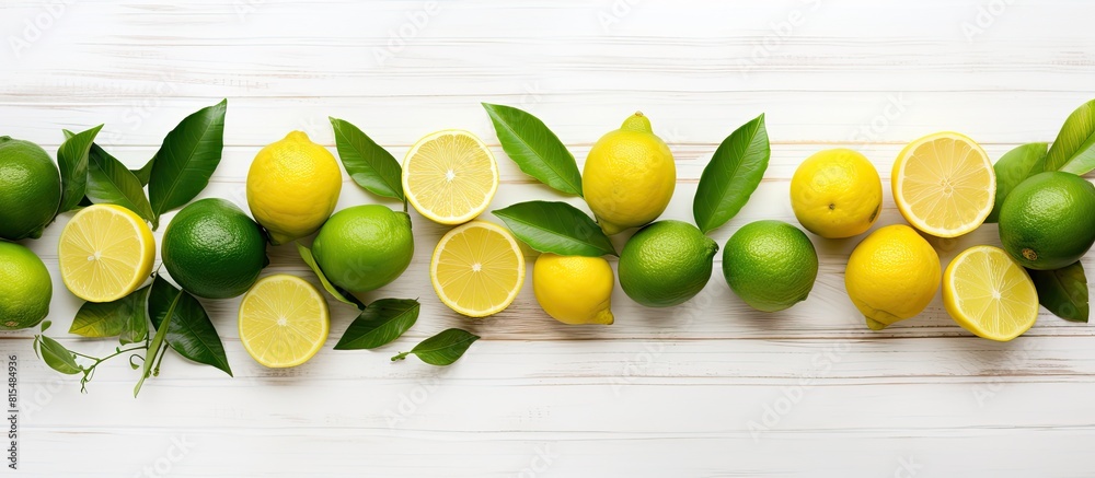 Poster a top down view of lemons and limes arranged on a white wooden table accompanied by fresh green leav