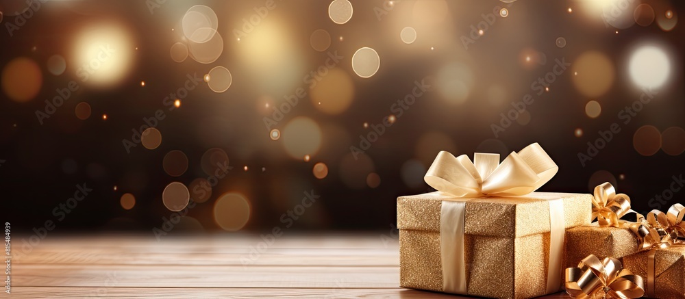 Poster There is a Christmas themed giftbox on a wooden background suitable for displaying designer text The image has empty space surrounding it. Creative banner. Copyspace image