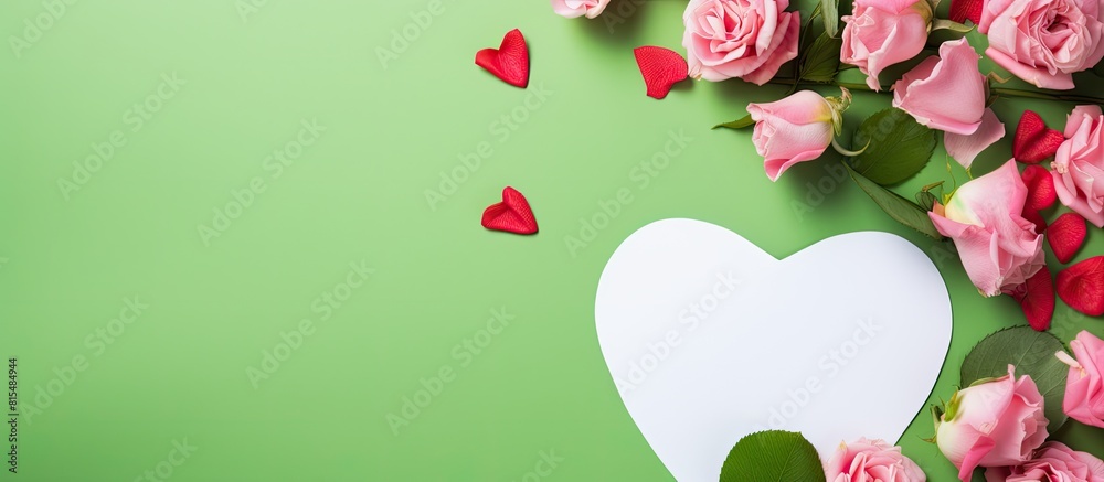 Leinwandbilder Top view of a green background adorned with blooming pink roses featuring an empty white paper sheet and a red heart creating an ideal copy space image