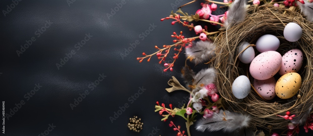 Poster A visually appealing holiday greeting card with a creative flat lay top view featuring chicken nests adorned with painted Easter eggs The dark tabletop provides an ideal copy space for text