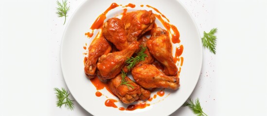 Top view of spicy fried chicken wings in paprika sauce presented on a white plate against a white backdrop leaving ample space for additional images or text