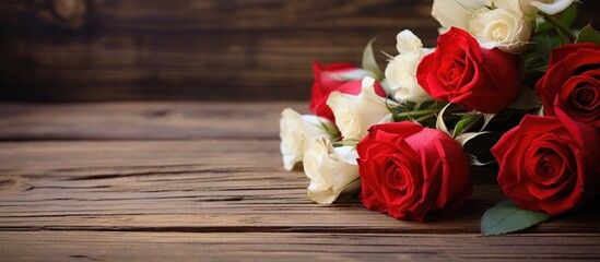 A copy space image of red and white roses on a rustic wooden surface with a sandy backdrop