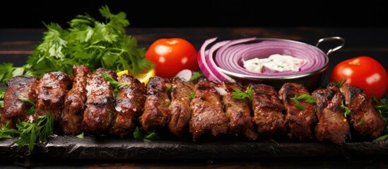 Delicious kebab and lula kebab served with onions and a savory sauce 174 characters. Creative banner. Copyspace image
