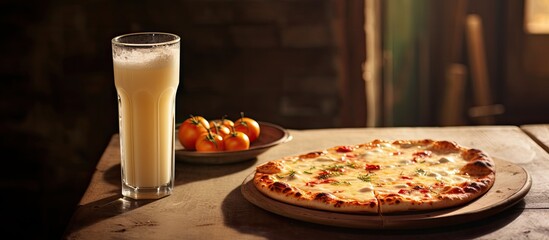 On the table there is a refreshing yoghurt drink and a delectable Turkish pizza adorned with cheese leaving room for a captivating copy space image