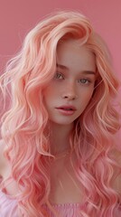 Portrait of a woman with pastel pink hair against a pink background Generative AI image