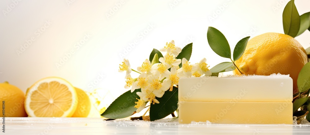 Poster Copy space image of a light background showcasing a refreshing homemade soap infused with the delightful scent of lemon and cotton flower