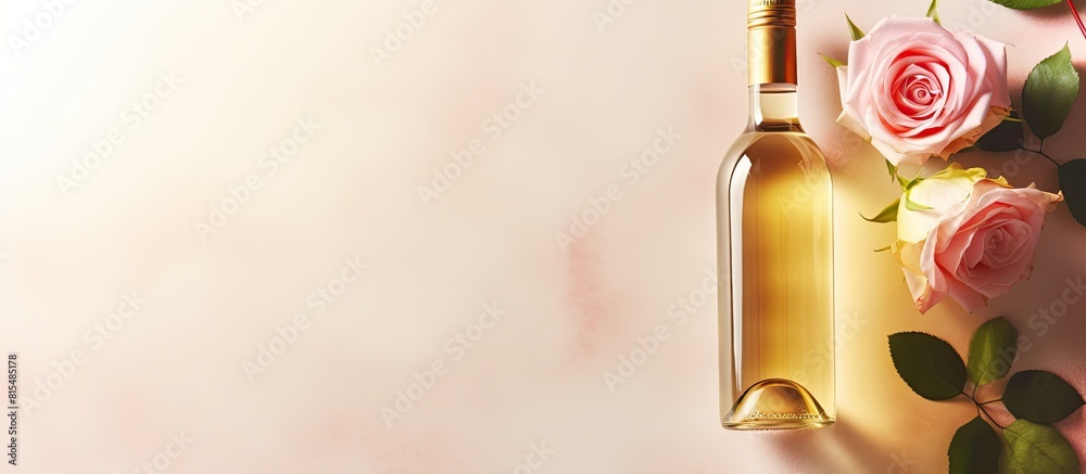 Poster A top down view of shimmering rose and white wine in a wine bottle with a burst of sunlight on a beige background The image has empty space for text It represents a festive summer theme perfect for h
