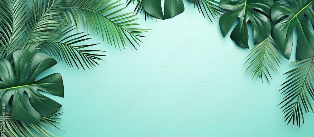 Leinwandbilder the top view of a tropical frame with green palm trees monstera leaves and branches on a neo mint ba