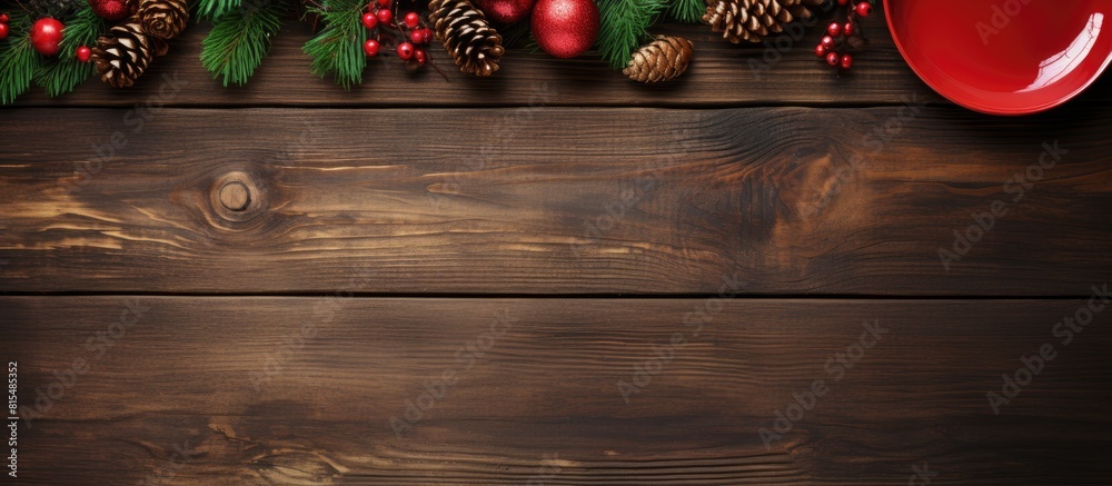 Aufkleber Top view of a Christmas table place setting placed on a wooden background with ample copy space It creates a festive holiday ambiance